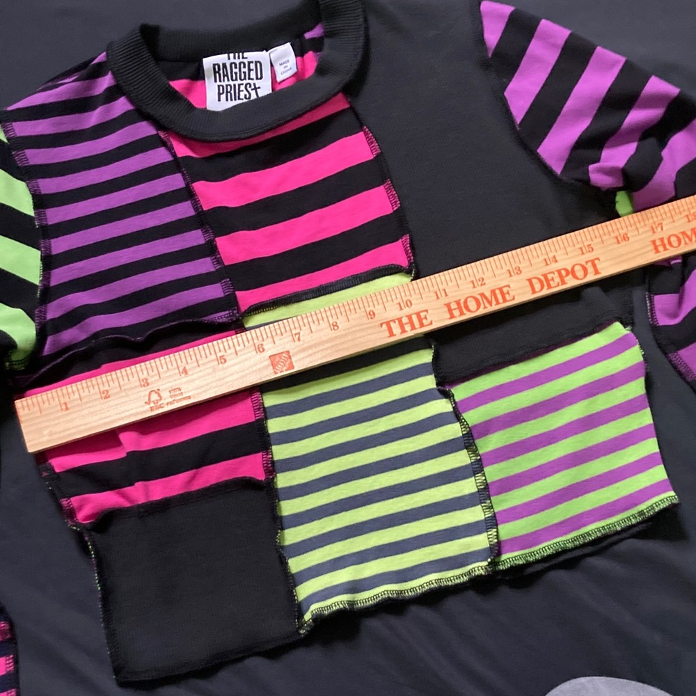 The Ragged Priest Patchwork Striped Long Sleeve Crop Pink Purple Green Size S - Picture 5 of 11